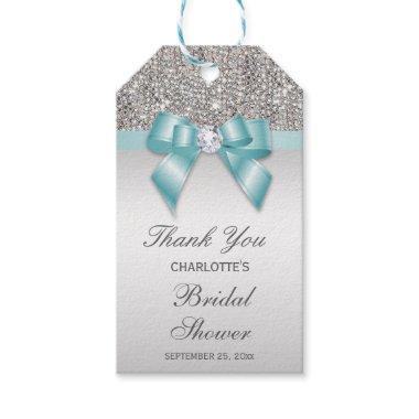 Silver Sequins Teal Diamond Bow Bridal Shower Gift Tags