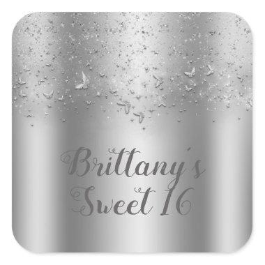 Silver Shimmer Flutter Butterfly Sweet 16 Party Square Sticker