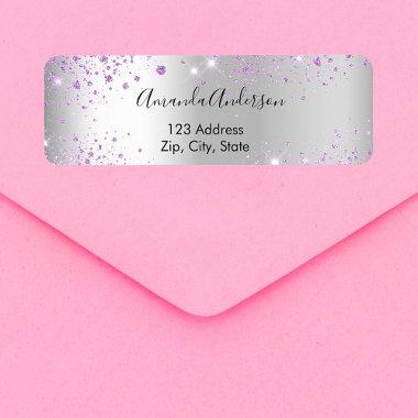 Silver violet glitter return address label
