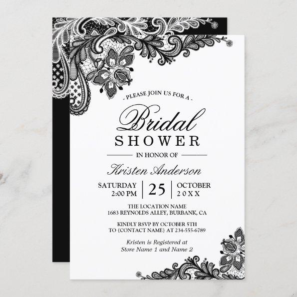 Simple Classy Chic Black White Lace Bridal Shower Invitations