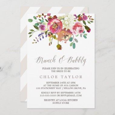 Simple Floral Watercolor Bouquet Brunch and Bubbly Invitations