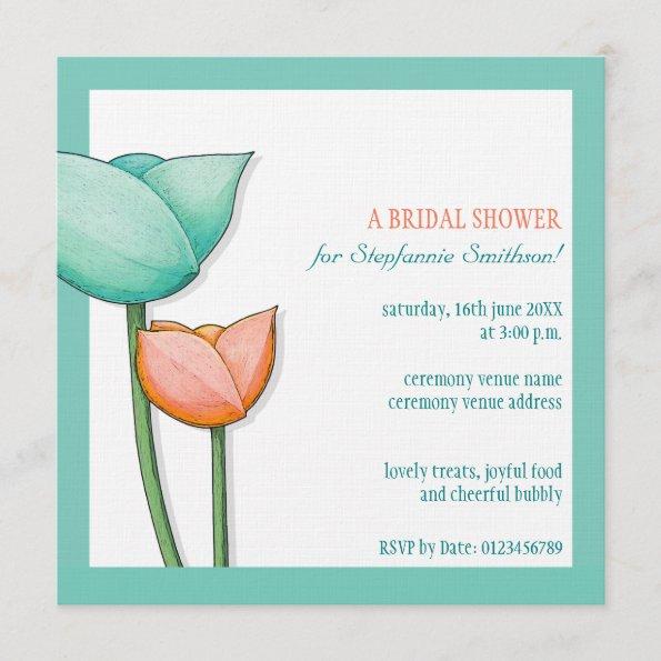 Simple Flowers teal orange Bridal Shower Square Invitations