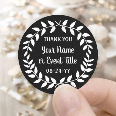 Simple Laurel Wreath Black and White Thank You Classic Round Sticker