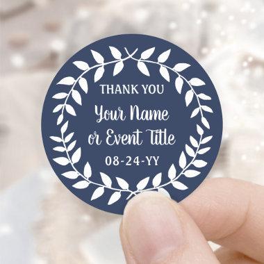 Simple Laurel Wreath Navy Blue and White Thank You Classic Round Sticker