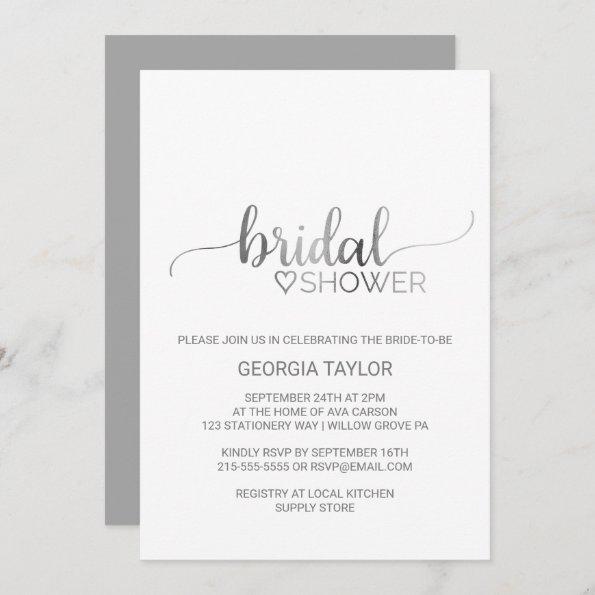 Simple Silver Foil Calligraphy Bridal Shower Invitations