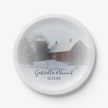 Snow Covered Barn and Silo Winter Country Wedding Paper Plates