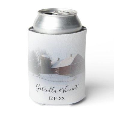 Snow Covered Barn and Silo Winter Wedding Favor Can Cooler