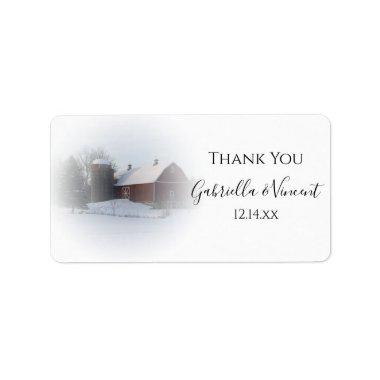 Snow Covered Barn Silo Winter Wedding Thank You Label