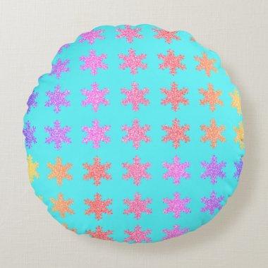 Snowflakes Patterns Glittery Gold Turquoise Blue Round Pillow