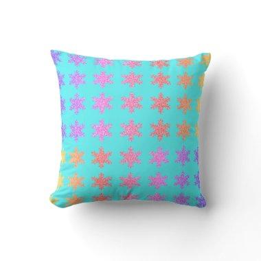 Snowflakes Patterns Glittery Gold Turquoise Blue Throw Pillow
