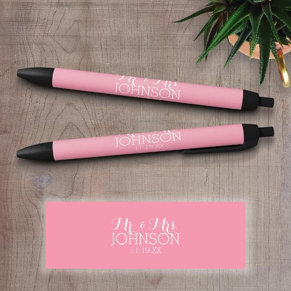 Solid Color Pastel Pink - Mr & Mrs Wedding Favors Black Ink Pen