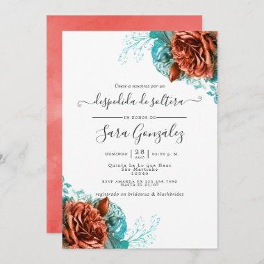 Spanish Turquoise and Coral Floral Bridal Shower Invitations