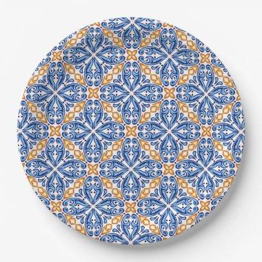 Spanish Yellow Blue Tile mediterranean wedding Paper Plates