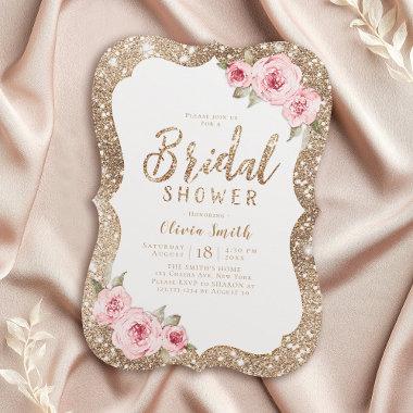 Sparkle gold glitter and pink floral bridal shower Invitations