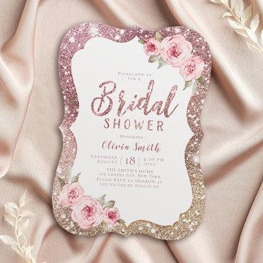 Sparkle rose gold glitter and floral bridal shower Invitations