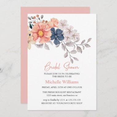Spring Flowers Coral Navy Bridal Shower Invitations
