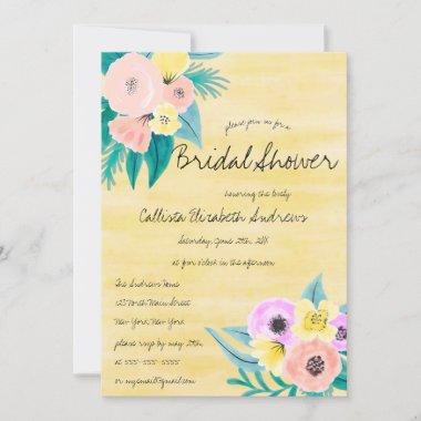 Spring Pink Yellow Floral Watercolor Bridal Shower Invitations