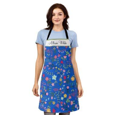 Spring Wildflowers Florals on Blue Personalized Apron