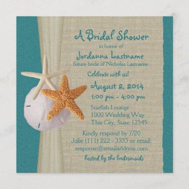 Starfish and Burlap Look Teal Bridal Shower Invitations