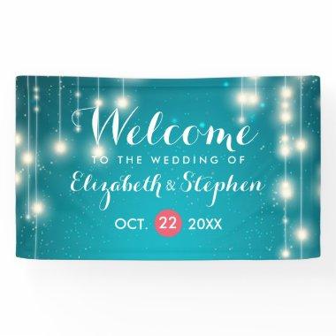String Lights & Turquoise Glitter Wedding Welcome Banner