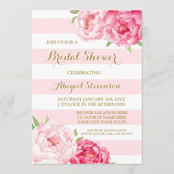 Stripes Pink Watercolor Flowers Bridal Shower Invitations
