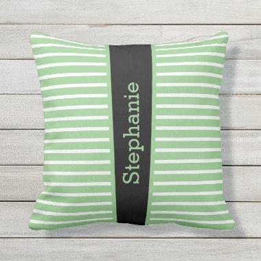 Stripes Sage Green Black White Custom Name Cute Th Outdoor Pillow