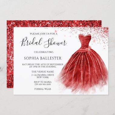 Stunning Red Glitter Gown Dress Bridal Shower Invitations