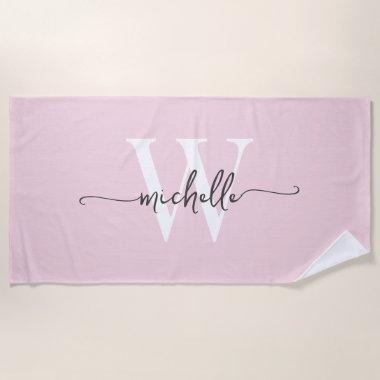 Stylish Modern Blush Pink Monogram Name Script Beach Towel