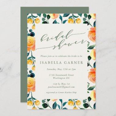 Stylish Orange Watercolor Floral Art Bridal Shower Invitations