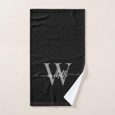 Stylish Script Elegant Black Gray Monogram Name Hand Towel