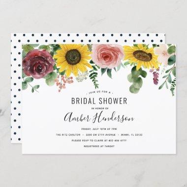 Sunflower and Roses Polka Dots Bridal Shower Invitations