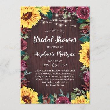 Sunflower Burgundy Floral Border Bridal Shower Invitations