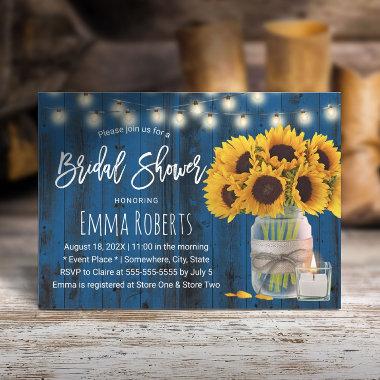 Sunflower Floral Jar Navy Blue Wood Bridal Shower Invitations