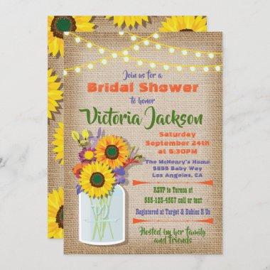 Sunflower Mason Jar Burlap Bridal Shower Invitations