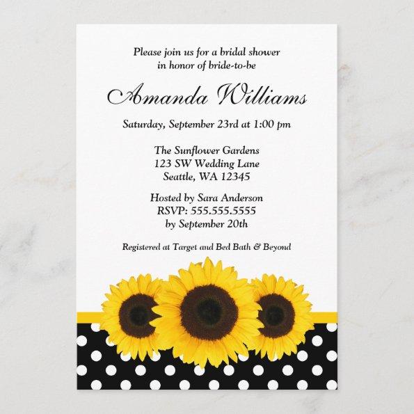 Sunflower White and Black Polka Dot Bridal Shower Invitations
