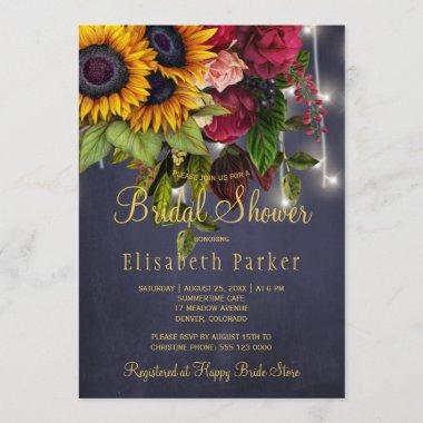 Sunflowers and roses rustic navy bridal shower Invitations