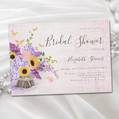 Sunflowers Lilac Hydrangea Wood Chic Bridal Shower Invitations