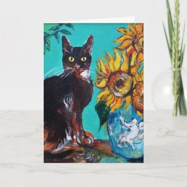 SUNFLOWERS WITH BLACK CAT IN BLUE TURQUOISE Invitations