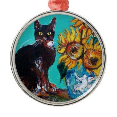 SUNFLOWERS WITH BLACK CAT IN BLUE TURQUOISE METAL ORNAMENT