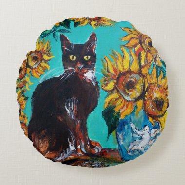 SUNFLOWERS WITH BLACK CAT IN BLUE TURQUOISE ROUND PILLOW