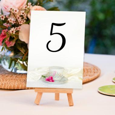 Tea Cup and Pink Roses Wedding Table Number