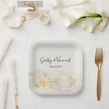 Tea Cup and White Rose Wedding Paper Plates