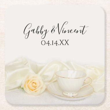 Tea Cup and White Rose Wedding Square Paper Coaster