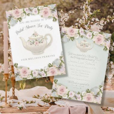 Tea Party Blush Rose Succulent Leaf Bridal Shower Invitations