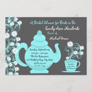 Tea Party Bridal Shower Aqua and Slate Invitations