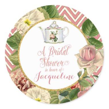Tea Party Bridal Shower Chevron Stripes Rose Classic Round Sticker