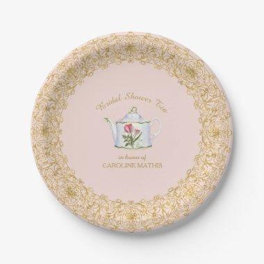 Tea Party Floral Pink Gold Glitter Bridal Shower Paper Plates