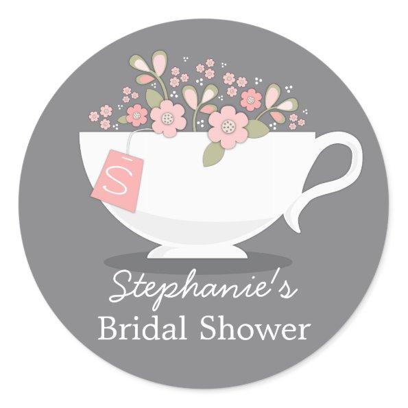 Teacup Pink Floral Monogram Bridal Shower Sticker