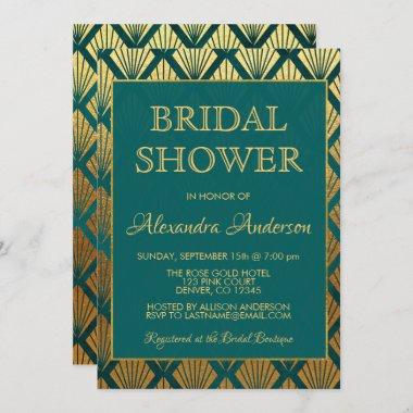 Teal and Gold Foil Elegant Art Deco Bridal Shower Invitations