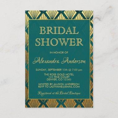 Teal and Gold Foil Elegant Art Deco Bridal Shower Invitations